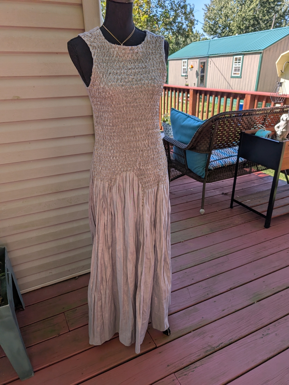 SWGT Sleeveless Smocked Maxi Dress in Light Beige- Sz L